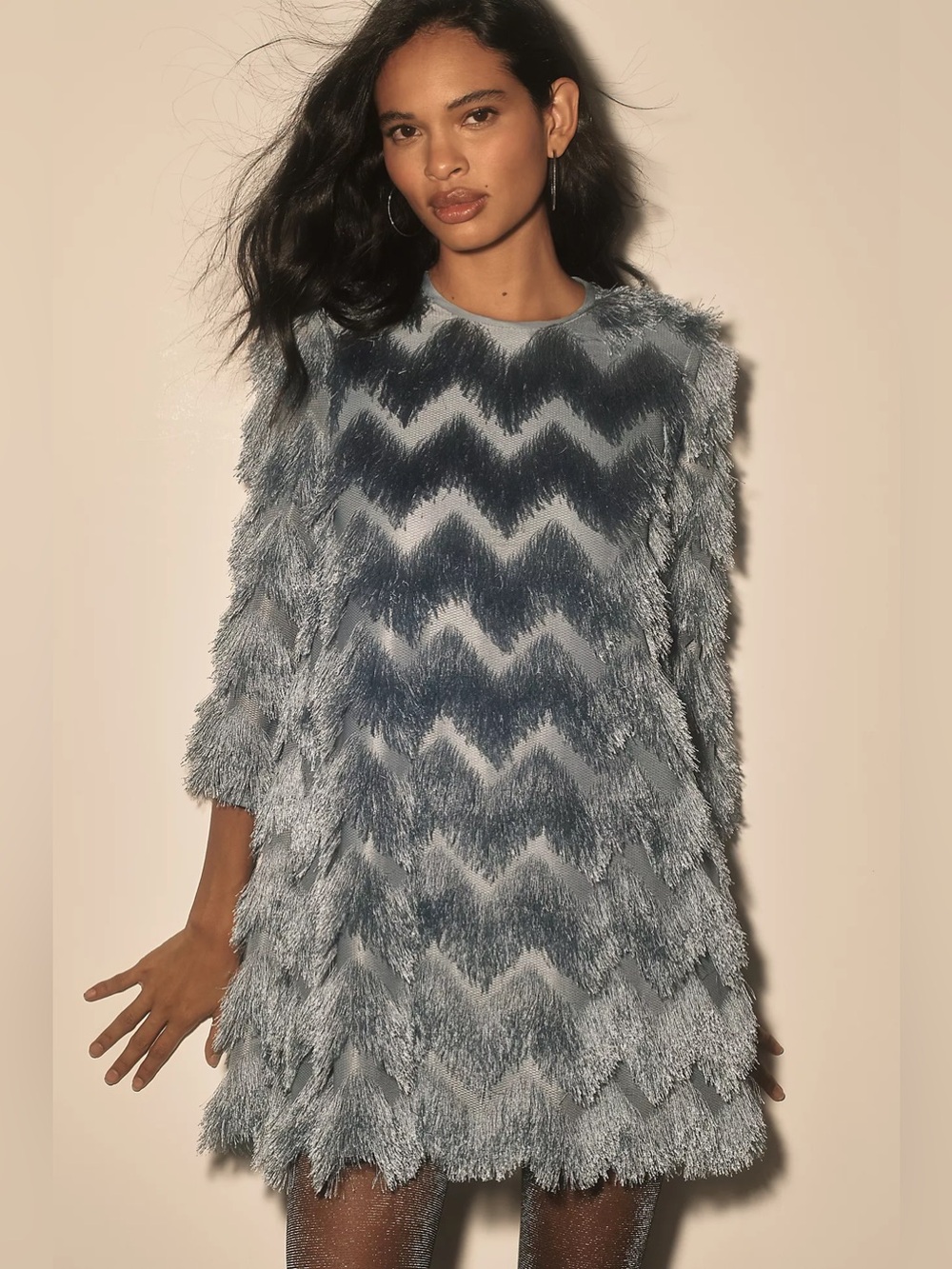 Anthropologie Hutch Blue Fringe Chevron Mini Shift Dress Party Festival NYE Sz M
